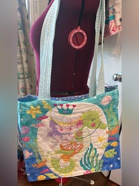 Whimsical Mermaid Print Quilted Tote Bag Custom made upcycled